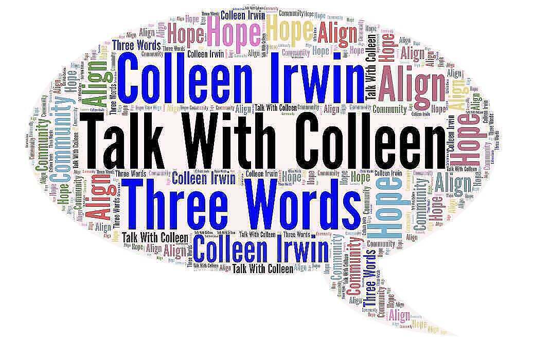 Image of a thought bubble with the following words in a word cloud: Colleen Irwin, Talk With Colleen, Three Words, Align, Community, and Hope.